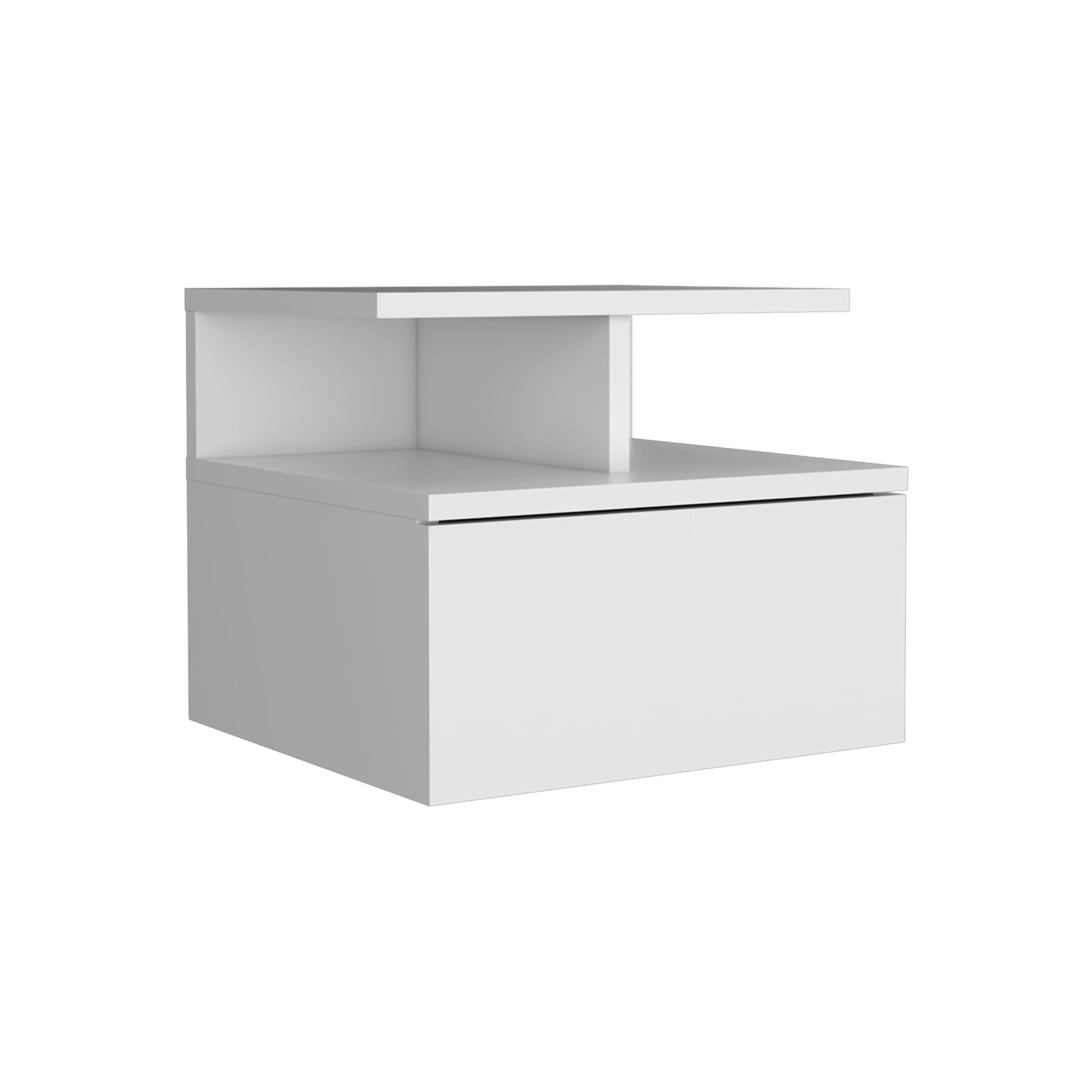 Depot E-Shop Seward Floating Nightstand, Wall Mounted With Single Drawer And 2-Tier Shelf, 12&Quot; H, White, Bedroom